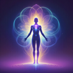 human body soul aura neon glow blue and pink black background silhouette chakra vital energy concept mind esotericism psychology