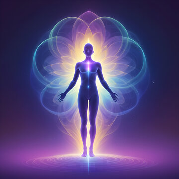 human body soul aura neon glow blue and pink black background silhouette chakra vital energy concept mind esotericism psychology