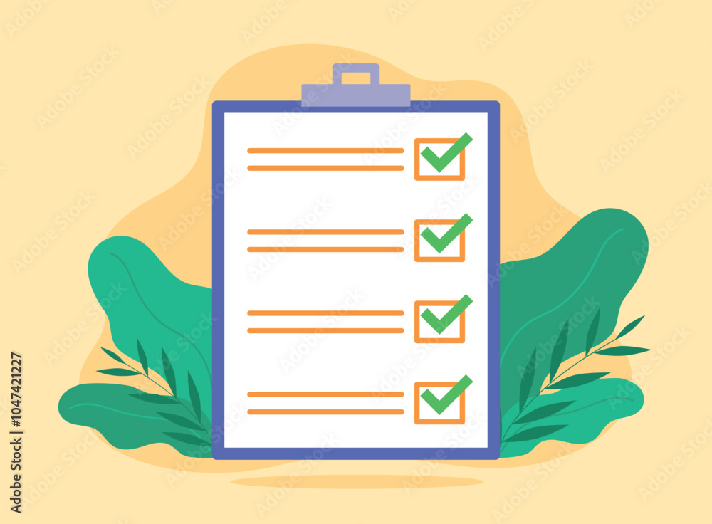 Poster this vector graphic shows a large clipboard with a checklist of five items, all marked with green ch