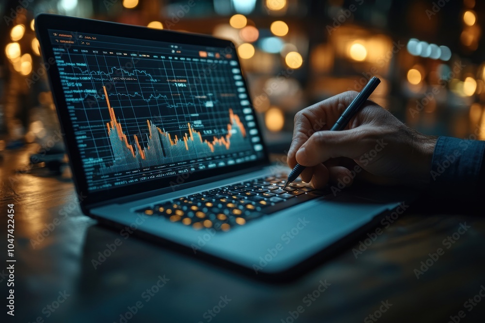 Poster a hand using a stylus on a laptop displaying financial data and charts.