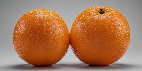 Zwei gl&auml;nzende, frische Orangen mit vereinzelten Wassertropfen nebeneinander, vor einem neutralen Hintergrund, der die Saftigkeit und Lebendigkeit der Zitrusfr&uuml;chte betont