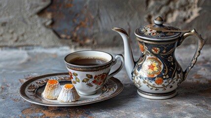 Fototapeta premium Ornate Teapot, Coffee Cup, and Two Pastries on a Rustic Surface