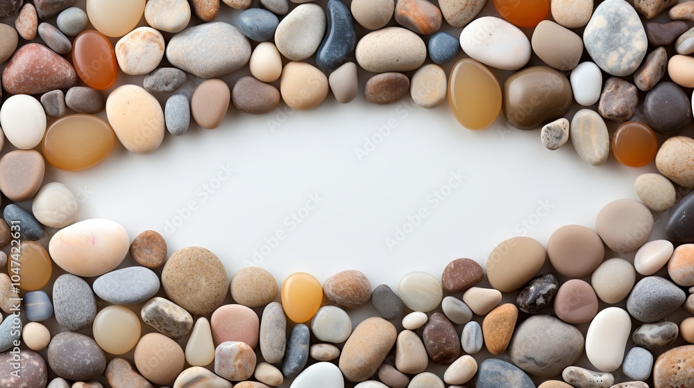 Poster a collection of smooth river stones arranged around an empty space on a light surface