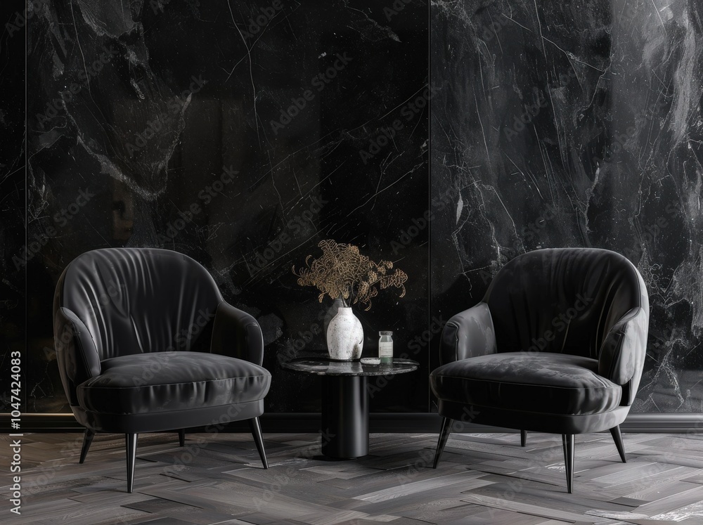 Sticker two black velvet armchairs with a small round table in front of a black marble wall