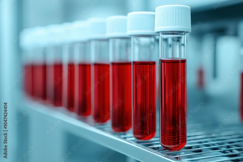 Poster row of test tubes containing red samples is standing on a metal rack in a medical laboratory