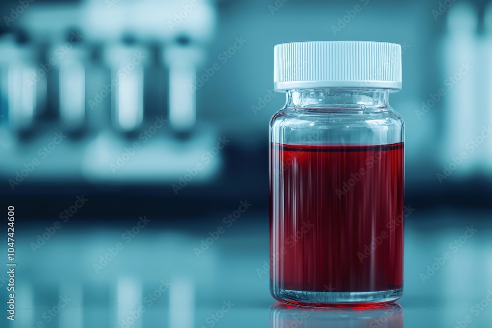 Poster bottle containing red liquid sitting on table in laboratory