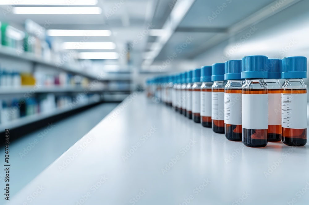 Poster bottles containing brown liquid standing in a row on a table in a medical laboratory