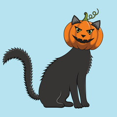 A dark gray cat with an orange pumpkin head, with a carved smiling face. A Halloween isolated vector illustration