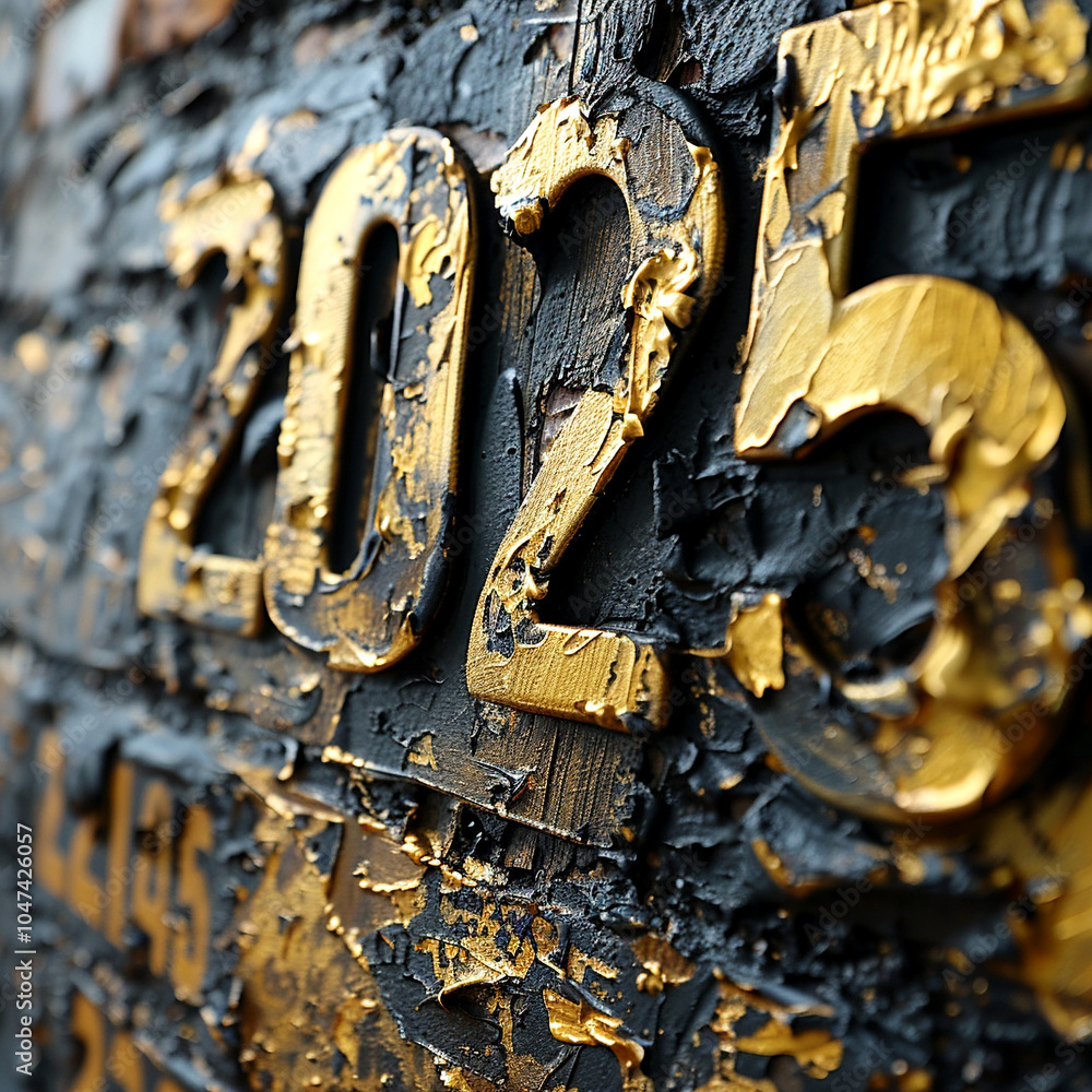 Poster artful display of weathered 2025 numbers highlighting texture and depth in urban setting