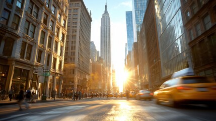 Taxis and people walking on fifth avenue during sunset with the empire state building glowing in the background in new york city