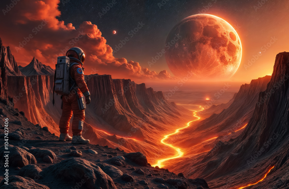 Wall mural astronaut in red spacesuit on unknown hot planet with rivers of burning lava