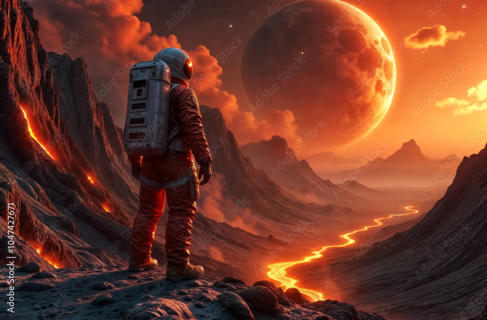 Wall mural astronaut in red spacesuit on unknown hot planet with rivers of burning lava