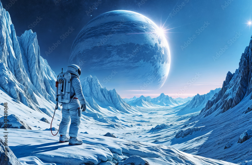 Wall mural astronaut in white spacesuit on uncharted ice planet with high ice mountains and rocks