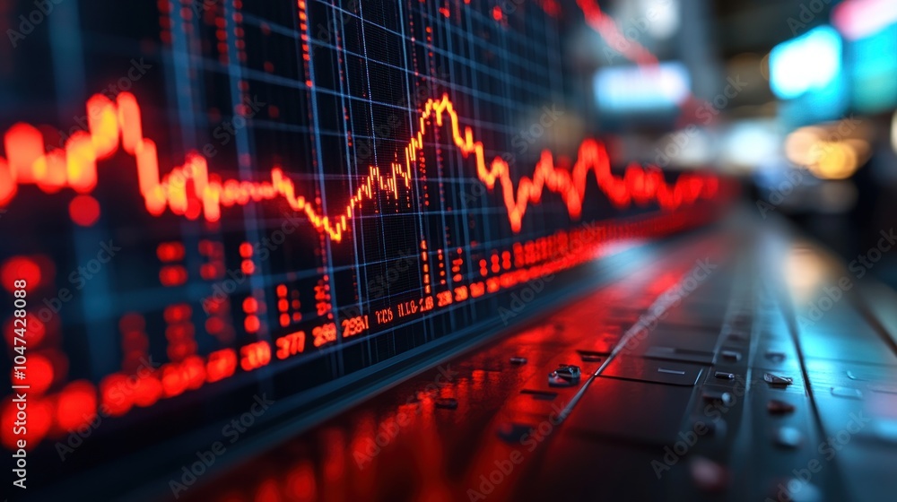 Poster a close-up of a digital stock market graph displaying fluctuating data in red tones.