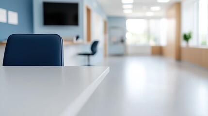 Empty chair and desk in a hospital reception area with blurred background. Healthcare and administrative environment concept