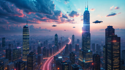Obraz premium a futuristic city of the future with skyscrapers and flying space shuttles