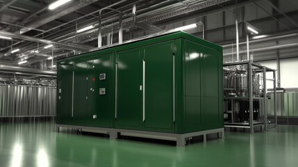 Agriculture processing plant with forest green enclosure and safety systems