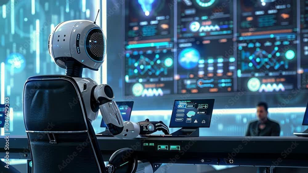Aufkleber a humanoid robot monitors complex data in a futuristic control room, showcasing advanced technology 