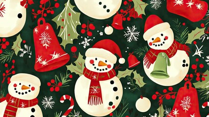 Classic Christmas seamless pattern with snowmen, bells, and mistletoe in traditional red, green, and white colors, ideal for holiday textiles.