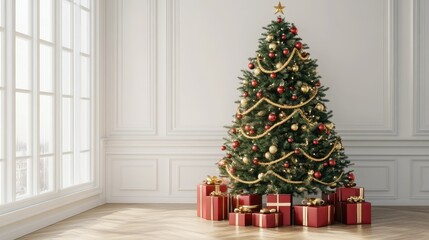 Decorated Christmas tree with golden garlands and red gift boxes beneath, perfect for a traditional holiday scene.