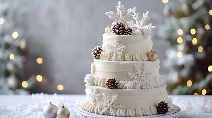 Fototapeta premium Elegant Christmas cake with multiple tiers, decorated with seasonal elements like stars, ornaments, and frosted snowflakes. 684feffd74bc
