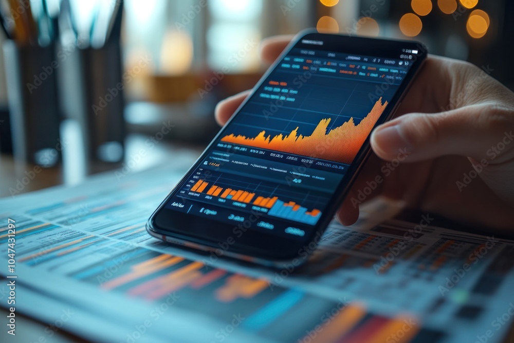 Poster a smartphone displaying stock market data on a table with financial documents.
