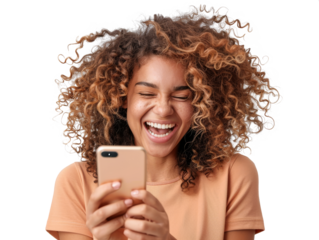 A young woman laughing while looking at her phone pransparent png