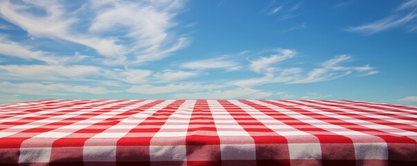 Red checkered tablecloth under a cloudy blue sky: perfect for picnics and outdoor dining