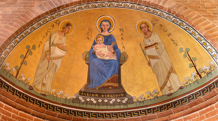 Obraz premium PAVIA, ITALY - SEPTEMBER 9, 2024: The fresco of Madonna with the St. Agatha and Agnes in the church Chiesa di San Tedoro 