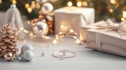 Elegant jewelry displayed against a simple, muted Christmas backdrop with gentle lighting and understated holiday details, offering a sophisticated and minimalistic festive touch.