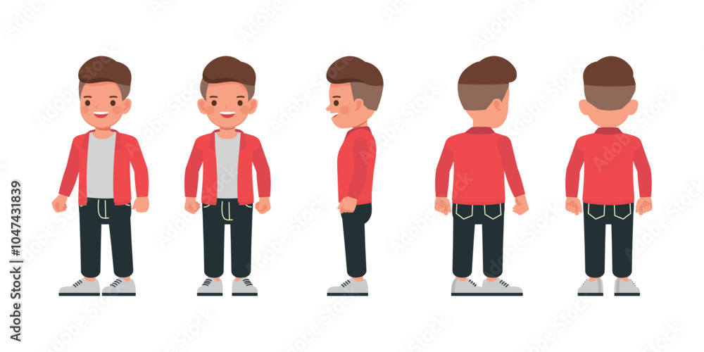 Poster kid boy front, side and back view wear red jacket character vector illustration design set. presenta