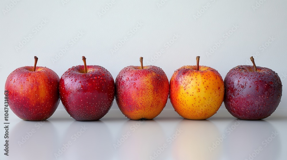 Aufkleber five wet apples creating colorful line on white background