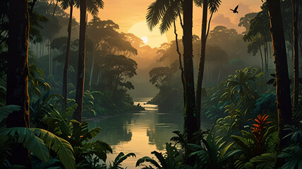sunset in the forest