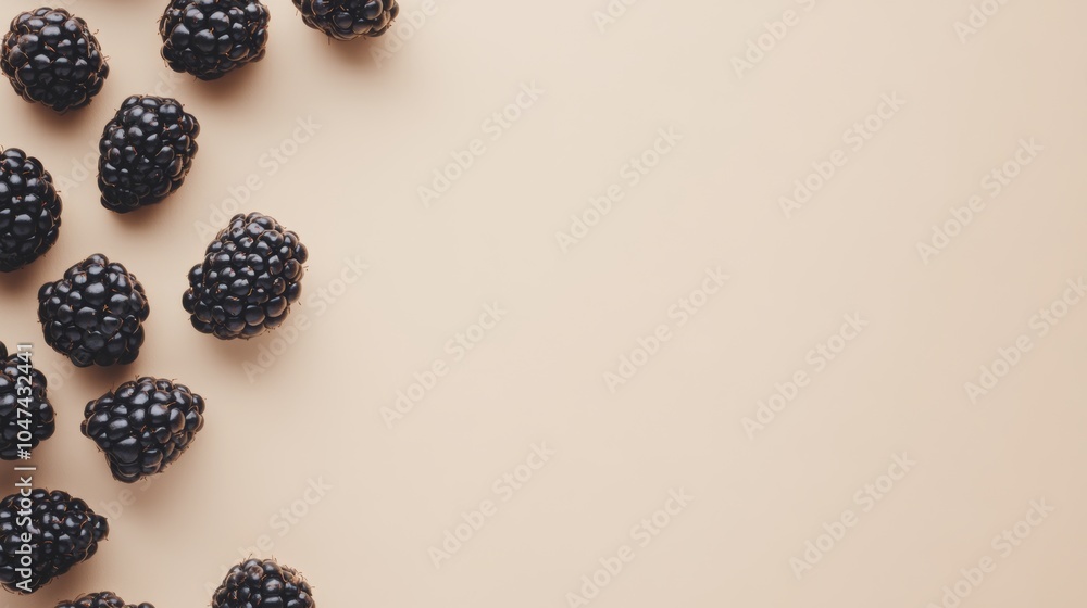 Poster fresh blackberries arranged on a neutral background creating negative space