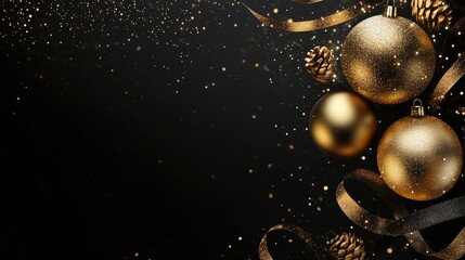 Modern black and gold Christmas background featuring golden baubles, ribbons, and twinkling lights, ideal for a classy festive design.