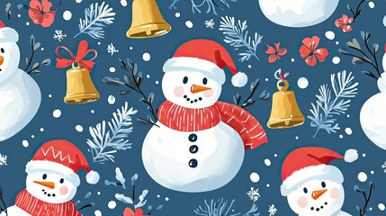 Playful Christmas seamless wallpaper with abstract designs of winter symbols like snowmen and bells in a cheerful color palette.