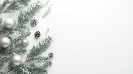 Simple Christmas design with white background and minimal decorations like small ornaments and evergreen branches.