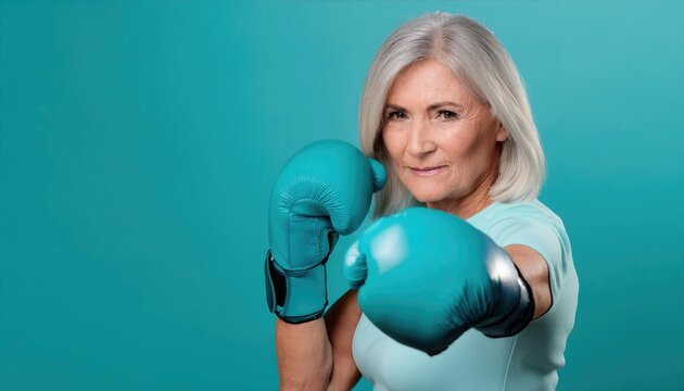 Middle-aged woman with a teal boxing glove fighting punch, isolated on the teal background
