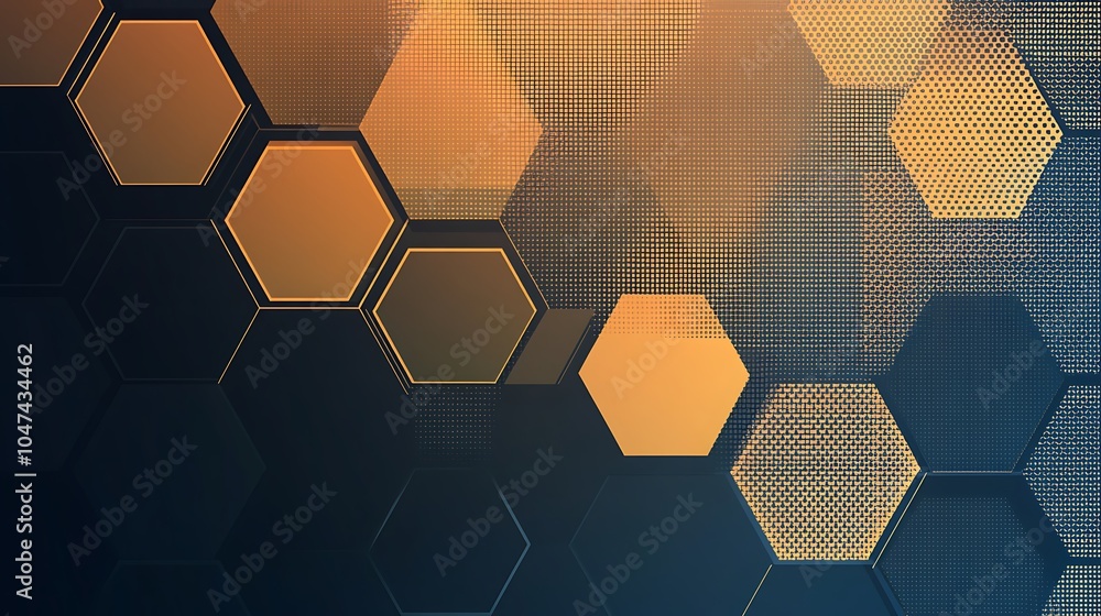 Poster Abstract digital background with hexagonal patterns in orange and blue tones.