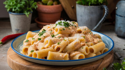 Rigatoni pasta topped with a Alfredo Sauce on plate, close-up, macro, generative AI