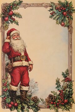 early antique Victorian chromolithograph blank note card with santa christmas theme border fill the entire page, with copy space