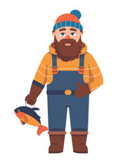 Fototapeta premium A cartoon-style fisherman with a beard, wearing overalls, a warm hat, and holding a fish. This character design brings a fun and friendly look to the theme of fishing and outdoor activities.