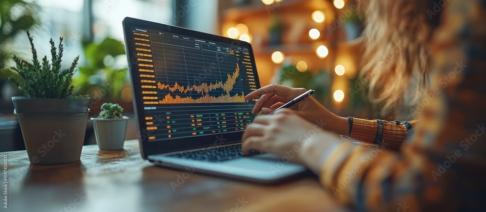 Poster a person analyzing data on a laptop with financial graphs and charts.