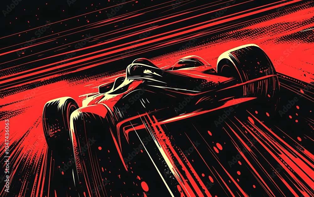 Poster a black and white racing car with red highlights is depicted driving at high speed. the image is sty