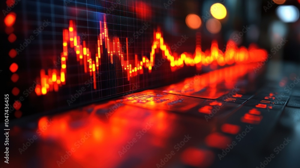 Poster a digital waveform display with glowing red lines over a reflective surface.