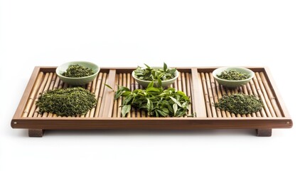 Green Tea Leaves in Bowls and on a Bamboo Tray
