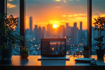 A laptop on a desk with plants, overlooking a city skyline at sunset.
