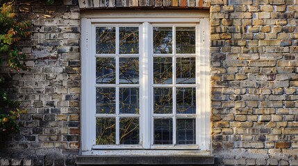 Obraz premium A White-Framed Window with Panes Reflecting Tree Branches Against a Brick Wall