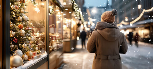 Frau betrachtet festlich geschmücktes Schaufenster beim Weihnachtseinkauf in der festlich geschmückten Altstadt – Winterliche Einkaufsstimmung