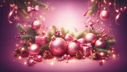 Weihnachtskugeln in Transcendent Pink, arrangiert mit Tannenzweigen, Schleifen, Blüten und Sternen, vor einem zarten pastellfarbenen Hintergrund. Festliche Weihnachtsdekoration. Generative KI